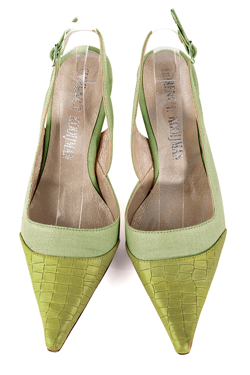 Pistachio green women's slingback shoes. Pointed toe. High spool heels. Top view - Florence KOOIJMAN